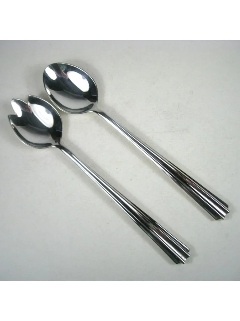 Stainless Steel Serving Spoon and Fork Set 10 inch Ribbed Handles Italy Vintage